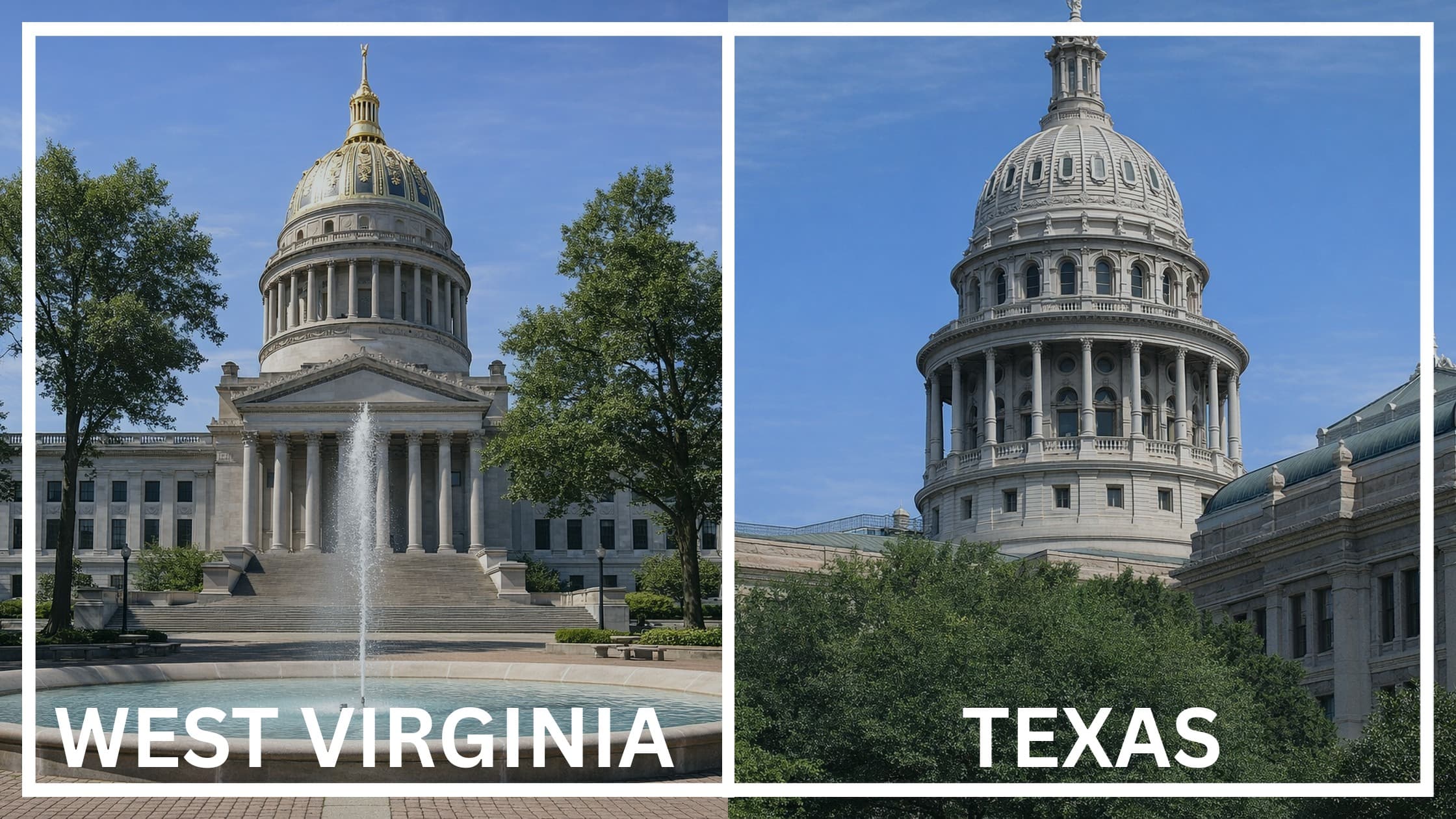 Comparing the state capitol buildings between West Virginia and Texas.