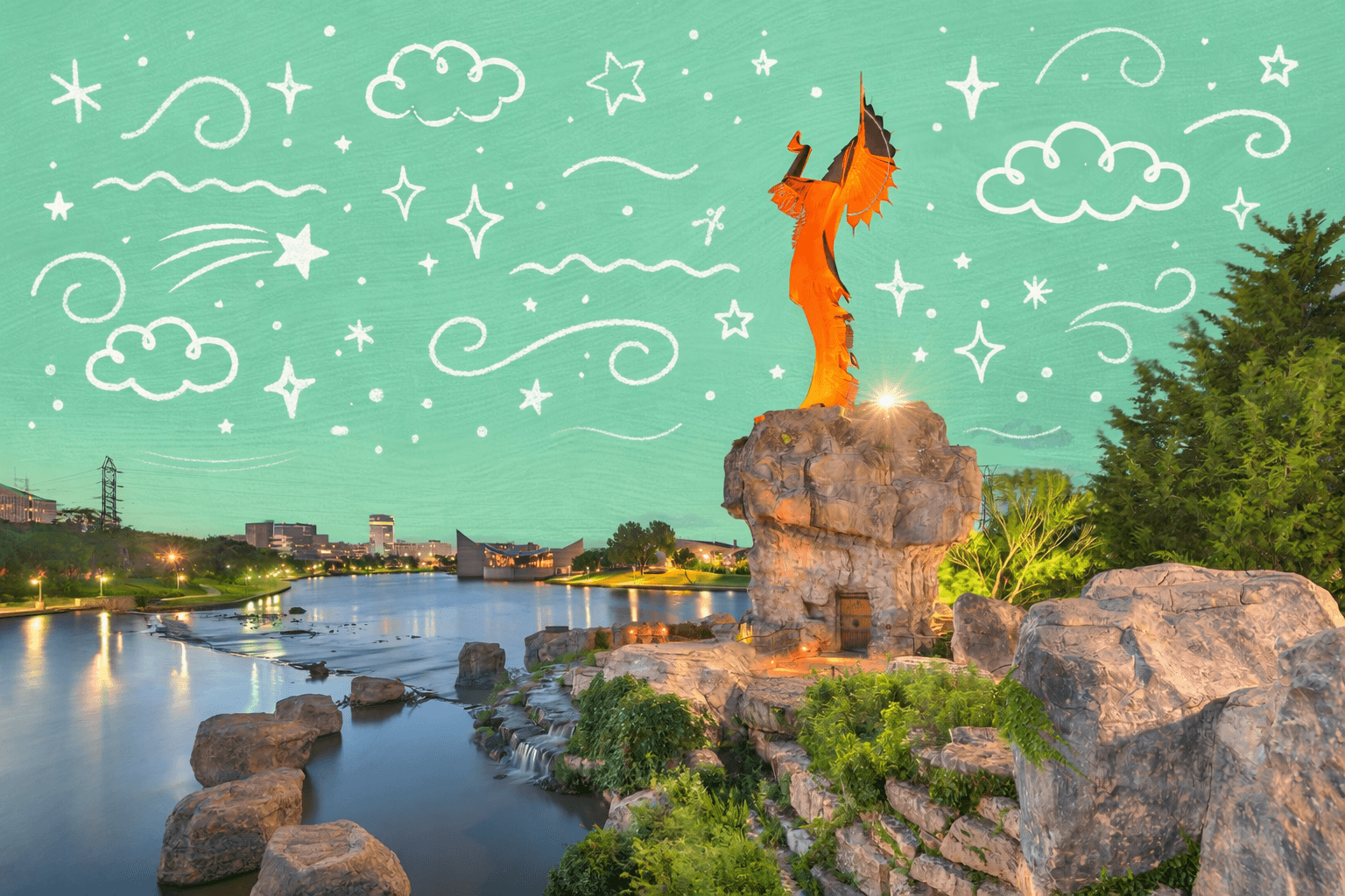 Keeper of the Plains statue illuminated at sunset along the Arkansas River in Wichita Kansas with city skyline and riverfront landscape.