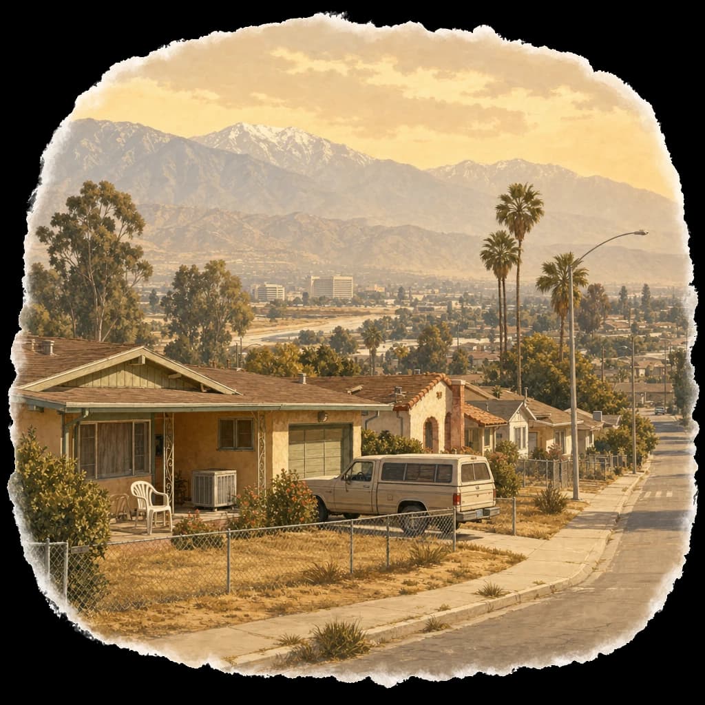 Illustrated San Bernardino, CA neighborhood street scene