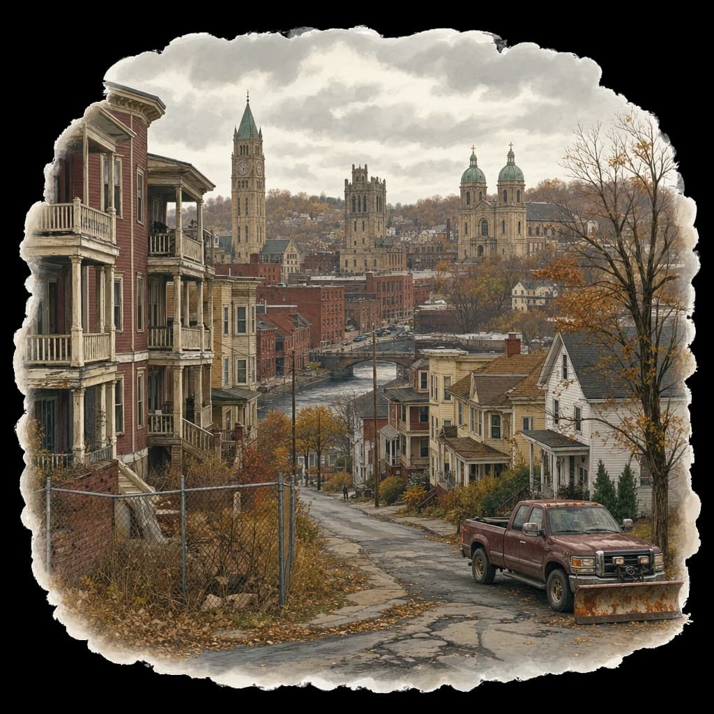 Illustrated Waterbury, CT neighborhood street scene