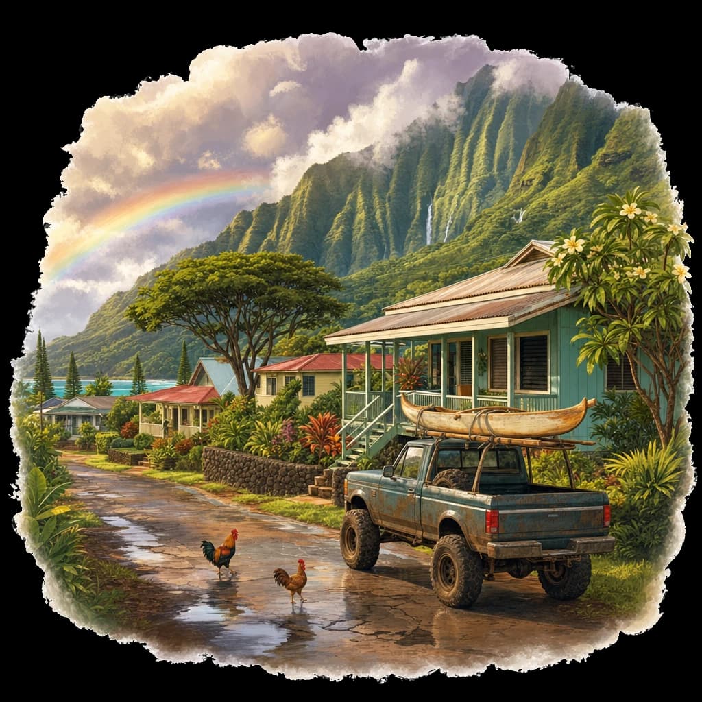 Illustrated Kauai, HI neighborhood street scene