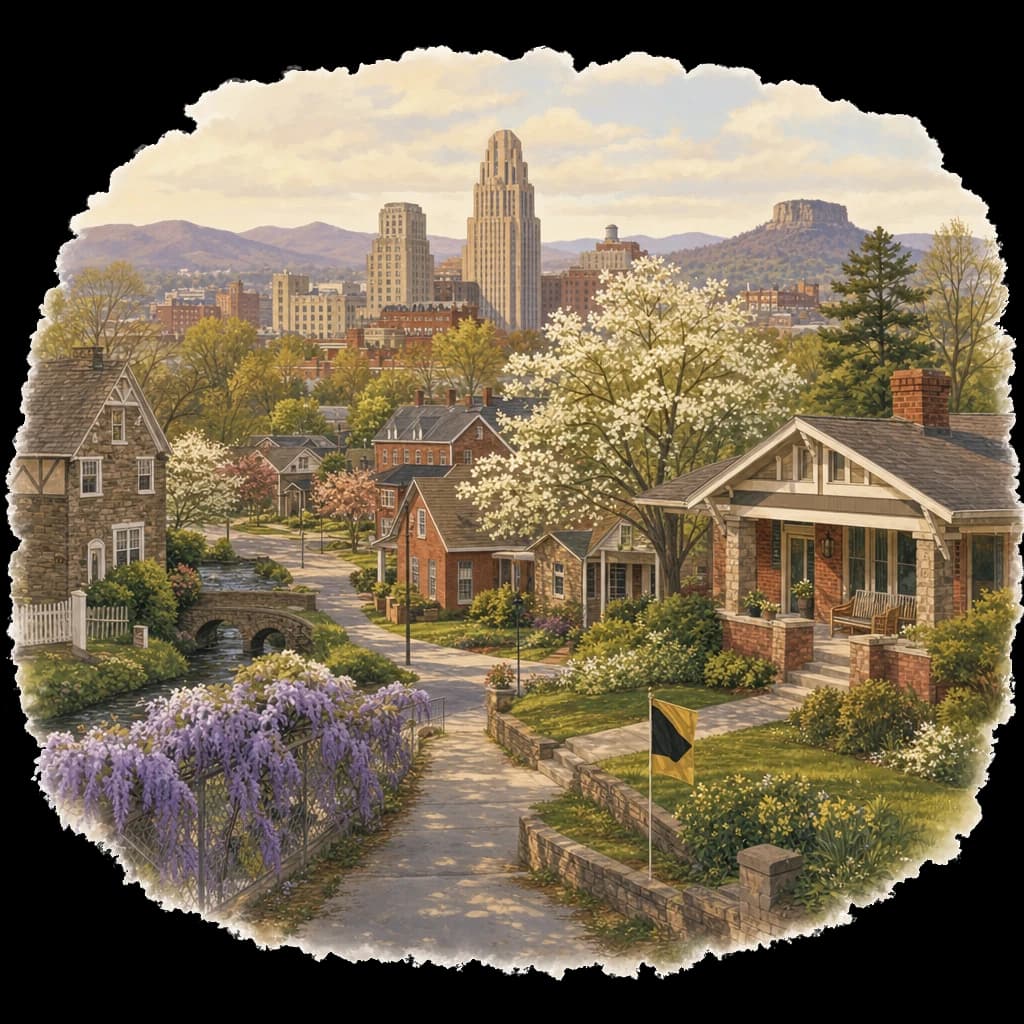 Illustrated Winston-Salem, NC neighborhood street scene