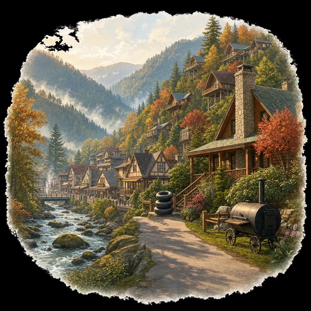 Illustrated Gatlinburg, TN neighborhood street scene